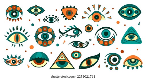 Magical witchcraft eyes and magic mystic symbols, vector spiritual esoteric amulet icons. Magic evil eyes with pattern print, witchcraft, protection talisman and ethnic traditional ornament of eyes