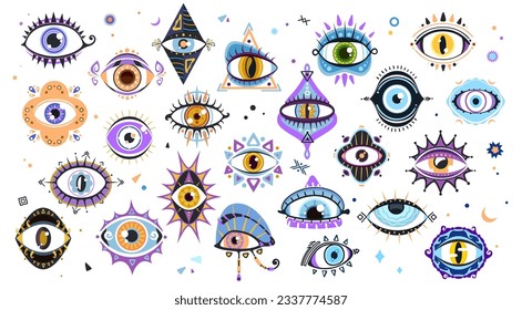 Magical witchcraft eyes, magic symbols of mystic and esoteric talismans, vector occult icons. Turkish evil eye amulet or spiritual eye of providence and luck, esoteric and occult witchcraft signs