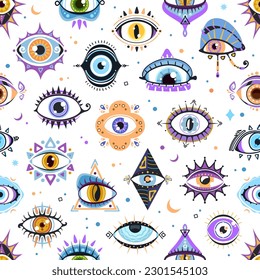 Los ojos mágicos de brujería son un patrón sin fisuras. Patrón vectorial de papel sin soldadura, de tela o de envoltura, papel de pared con ojos místicos de boho, visión esotérica u oculta, símbolos de brujería