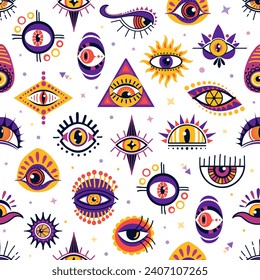 Magical witchcraft eyes seamless pattern background, vector esoteric and occult magic symbols. Witchcraft magic pattern of cartoon of Horus eye and Egypt pyramid, mystery amulets and clairvoyant eyes