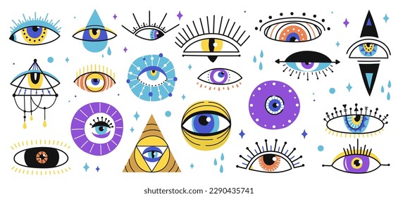 Magical witchcraft eyes, vector evil eyes of greek and turkish magic amulets. Mystic esoteric symbols of hamsa, nazar or fatima with eyeballs, teardrops, triangle and geometric pattern