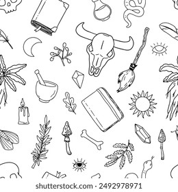 Magical witchcraft vector seamless pattern, mystical elements, icons, clip arts. Line art illustration. Mysticism. Halloween. Printable