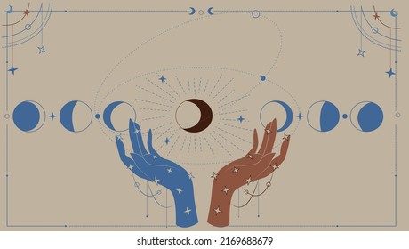 magical witchraft hand flat blue and brown colored background