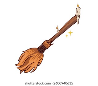 Magical Witch's Broomstick with Lit Candles and Sparkling Effects