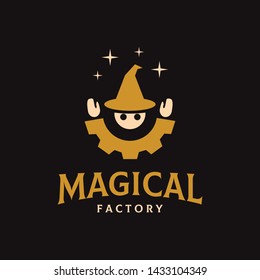 Magical wizard with clothes shaped like gear cog factory illustration logo design