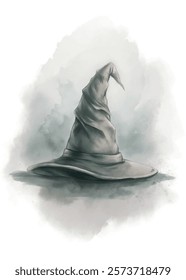 Magical wizard hat, whimsical design, soft watercolor style, fantasy illustration, enchanting atmosphere.