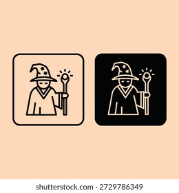 Magical wizard icon set with sorcerer holding a glowing staff displayed in light and dark modes for dual tone design elements
