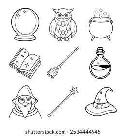 Magical Wizard Schule Malvorlage Linie Art Bundle - Zauberstab, Zaubermütze, Zauberflasche, Eule und mehr