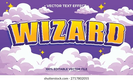 Efecto mágico de texto de mago con nubes y estrellas púrpuras