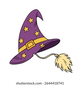 Magical wizard witch hat. Halloween festival celebration masquerade icon element collection in purple color. Outline art decoration