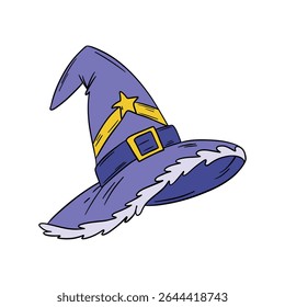 Magical wizard witch hat. Halloween festival celebration masquerade icon element collection in purple color. Outline art decoration