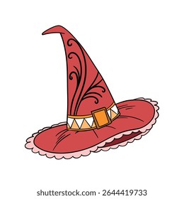 Magical wizard witch hat. Halloween festival celebration masquerade icon element collection in red color. Outline art decoration
