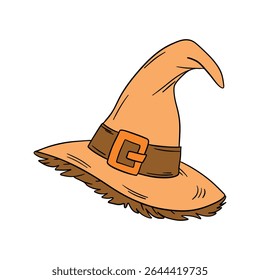 Magical wizard witch hat. Halloween festival celebration masquerade icon element collection in orange color. Outline art decoration