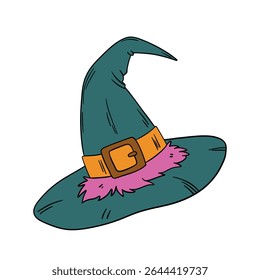 Magical wizard witch hat. Halloween festival celebration masquerade icon element collection in green color. Outline art decoration