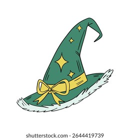 Magical wizard witch hat. Halloween festival celebration masquerade icon element collection in green color. Outline art decoration