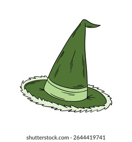 Magical wizard witch hat. Halloween festival celebration masquerade icon element collection in green color. Outline art decoration