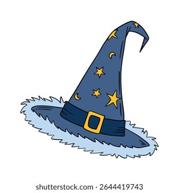 Magical wizard witch hat. Halloween festival celebration masquerade icon element collection in blue color. Outline art decoration