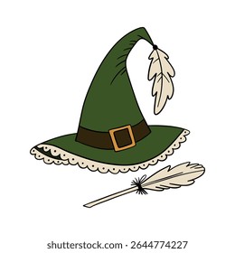Magical wizard witch hat. Halloween festival celebration masquerade icon element collection in green color. Outline art decoration