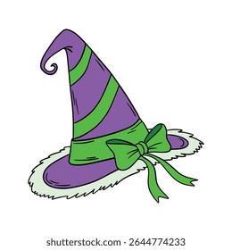 Magical wizard witch hat. Halloween festival celebration masquerade icon element collection in purple and neon green color. Outline art decoration