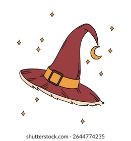 Magical wizard witch hat. Halloween festival celebration masquerade icon element collection in red color. Outline art decoration
