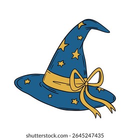 Magical wizard witch hat. Halloween festival celebration masquerade icon element collection in blue color. Outline art decoration