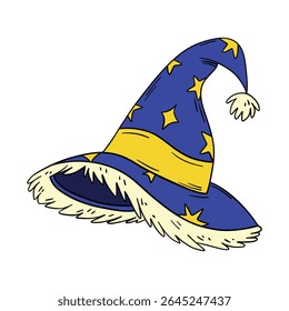Magical wizard witch hat. Halloween festival celebration masquerade icon element collection in blue color. Outline art decoration