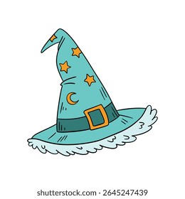 Magical wizard witch hat. Halloween festival celebration masquerade icon element collection in light green color. Outline art decoration