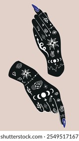 Manos de mujer mágica. Cartel esotérico boho.