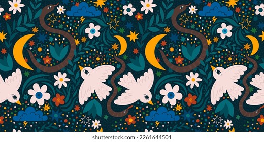 Magical wonderful night garden. Beautiful animals at midnight. Botanical surface design. Moon and stars. Evening lovely art. Seamless pattern with leaves and flowers. Decorative print.