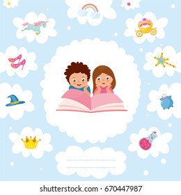 Magical World concept. IIlustration with different elements of fairy tales. Children dream of a fairy tale. Imagination coming to life in a children's fantasy book. Childish greeting card template.