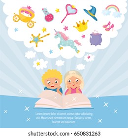 Magical World concept. Illustration with different elements of fairy tales. Children dream of a fairy tale. Imagination coming to life in a children's fantasy book. Childish greeting card template.