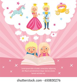 Magical World concept. Illustration with prince and princess. Children dream of a fairy tale. Imagination coming to life in a children's fantasy book. Childish greeting card template.