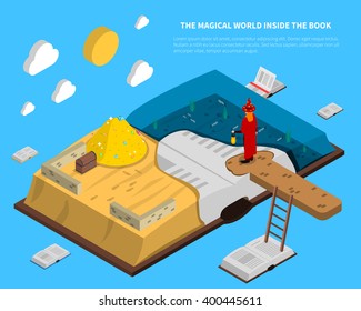 Magical world inside book isometry with treasures and sea at pages on blue background vector illustration