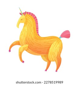 Magical yellow unicorn with pink hair cartoon vector illustration