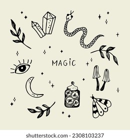 Magic.Boho Witch and Esoteric Collection with symbols of butterfly, snake, horned god, eye, moon, spellful crystals, mushrooms, plants, wildlife. Art vector illustration. Elements for design, print