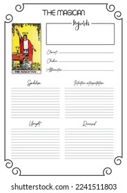 Magician. 1 Major Arcana Tarot Card. Magician tarot printable and digital planner design. Tarot study worksheet. 
