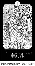 Magician. 1 Major Arcana Tarot Card. Fantasy engraved line art illustration. Engraved vector drawing. See all collection in my portfolio set. 