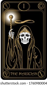 The Magician. The 1st card of Major arcana black and gold tarot cards. Tarot deck. Vector hand drawn illustration with skulls, occult, mystical and esoteric symbols.