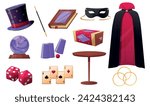Magician accessories. Cartoon wizard items. Tools for magic tricks. Professional illusionist equipment. Magical show hat. Performer costume mantle. Stage performance