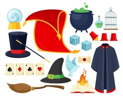 Magician Accessories Colorful Flat Vector Illustrations Set. Magic Show Equipment, Illusionist Performance Tools And Objects Isolated On White Background. Wizard Hat, Magus Mantle, Magic Ball.