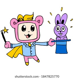 the magician in action took the rabbit out of the hat. cartoon illustration sticker mascot emoticon