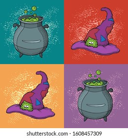 Magician and alchemy tools:  witch hat and potion. Halloween collection of witchcraft tools.  Hand drawn vector illustration on colorful background.