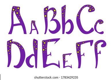 Magician alphabet for halloween. Latin uppercase and lowercase hand-drawn lettering. A, B, C, D, E, F letters for your design, banner, logo, type, card, poster. 