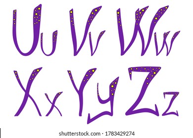 Magician alphabet for halloween. Latin uppercase and lowercase hand-drawn lettering. U, V, W, X, Y, Z letters for your design, banner, logo, type, card, poster. 