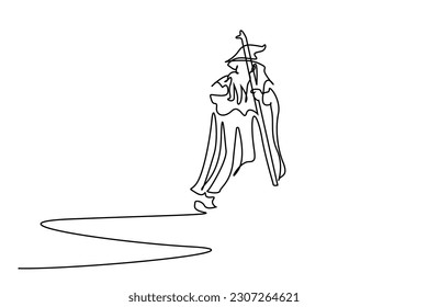 magician arab old man with a cane in a sheet suit walks in nature