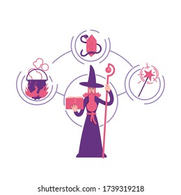 Magician archetype flat concept vector illustration. Old man with beard holding magic book 2D cartoon character for web design. Fantasy wizard. Alchemist personality type creative idea