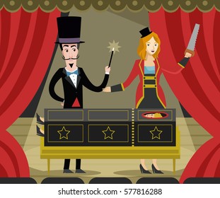 Magician And Assistant With Saw And Magic Trick Box Cutting