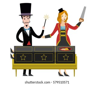 Magician And Assistant With Saw And Magic Trick Box Cutting