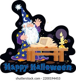 Magician astrologer saying spells from his old magic book by candlelight on a dark Halloween night, vector cartoon greeting card