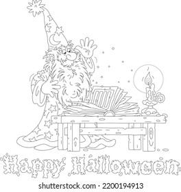 Magician astrologer saying spells from his old magic book by candlelight on a dark Halloween night, black and white vector cartoon greeting card
